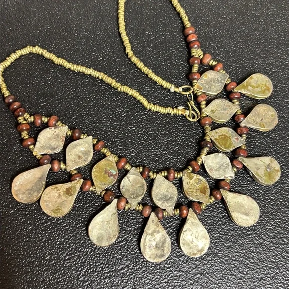 Vintage Stone Bib Brass Handcrafted Necklace Egyptian - Picture 7 of 9